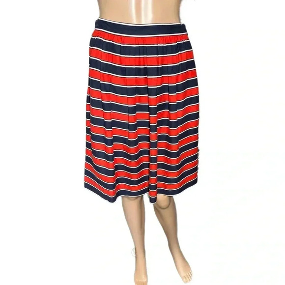 J. CREW 100% Silk Skirt A Line Pleated Retro Style Navy Red Stripe Pleats Sz 2 - Picture 2 of 13